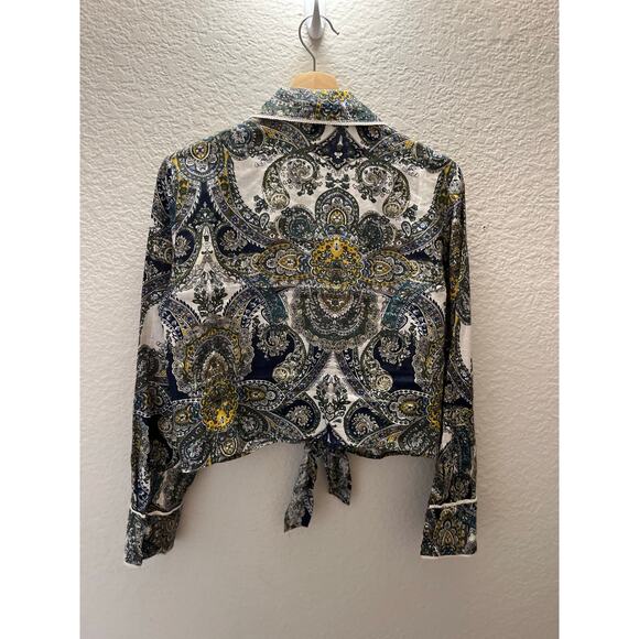 Magaschoni 100% Linen Paisley Button-Front Tie Shirt Blouse M Quiet Luxury - Picture 3 of 5